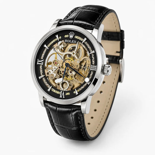 Leather Rolex Black Silver Automatic Skeleton Watch