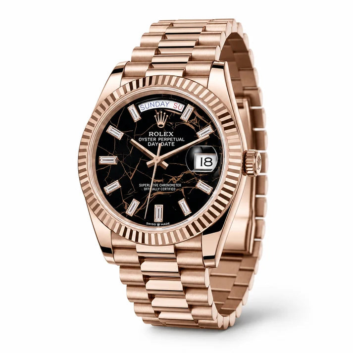 Day Date Rose Gold Black Marble Dial Automatic Super Clone Watch