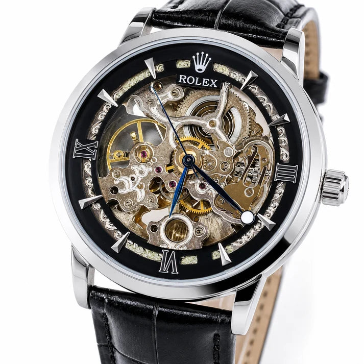 Leather Rolex Black Silver Automatic Skeleton Watch