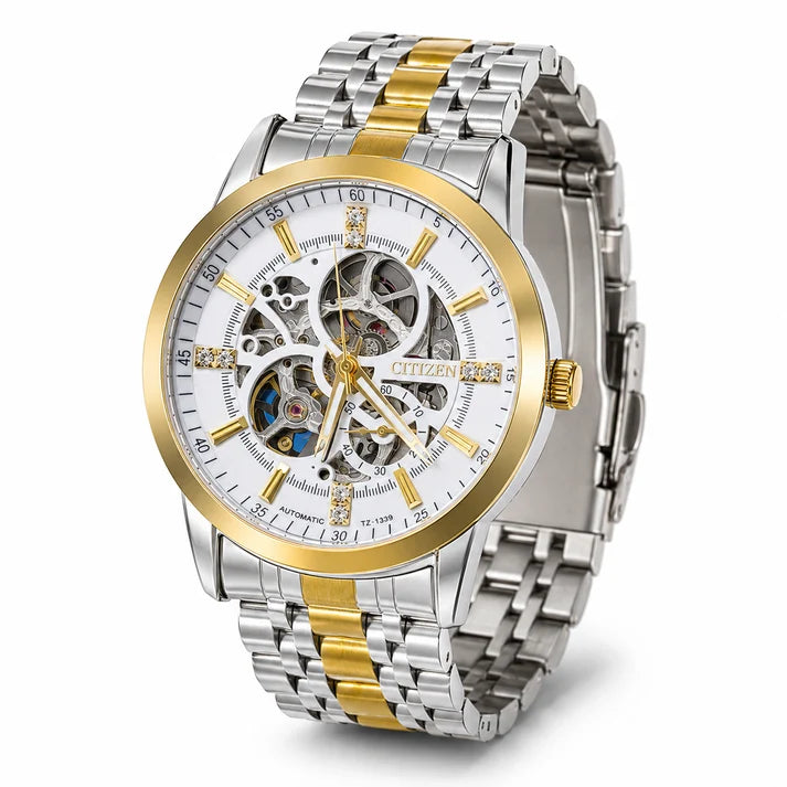 Two Tone White Citizen Skeleton Automatic Watch