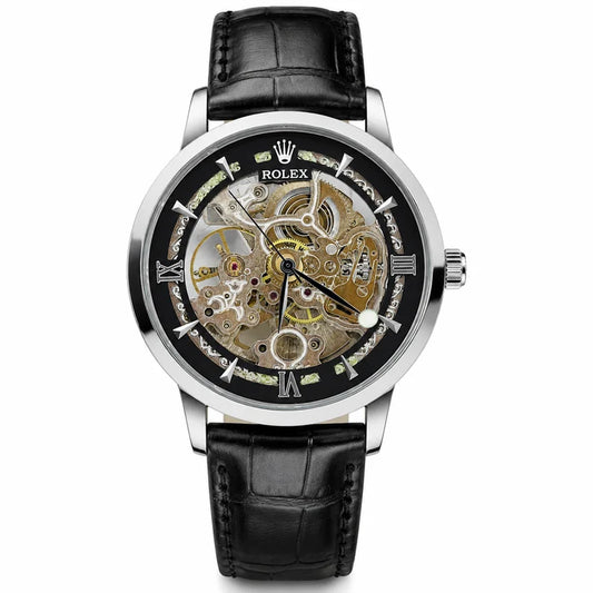 Leather Rolex Black Silver Automatic Skeleton Watch