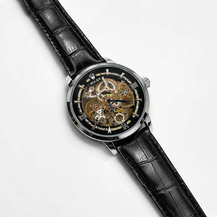 Leather Rolex Black Silver Automatic Skeleton Watch